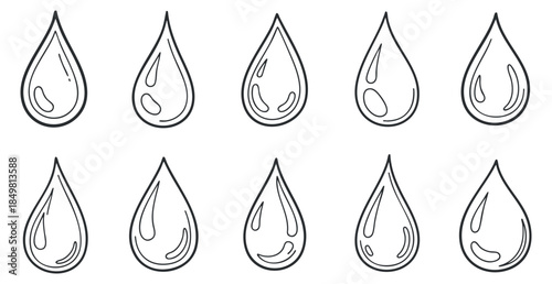 A set of water drop icons in clean black outline vector style, perfect for design projects and environmental themes