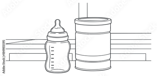 A baby bottle and a canister in a clean minimalist outline vector style, suitable for parenting and childcare projects