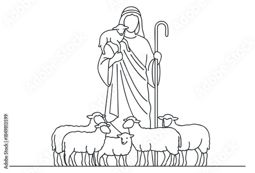 A shepherd holding a lamb surrounded by sheep in a simple outline vector style, ideal for religious and pastoral themes