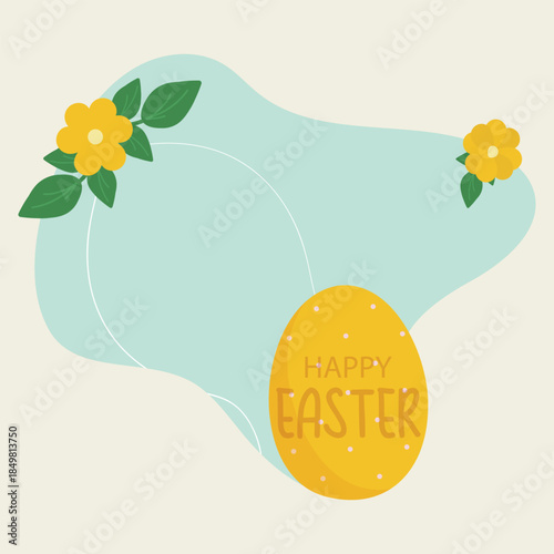 Happy Easter Greeting Card with Egg and Flowers, Flat Vector Illustration. Image with space for your text. For online mailings, email, advertising web banners.