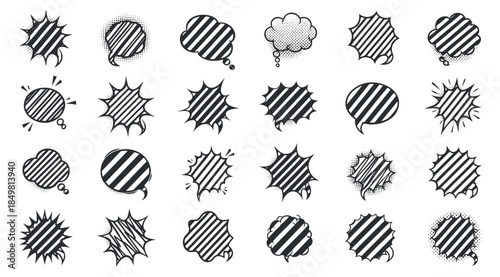 A collection of comic-style speech and thought bubbles in black and white vector design with various patterns, suitable for creative projects and illustrations