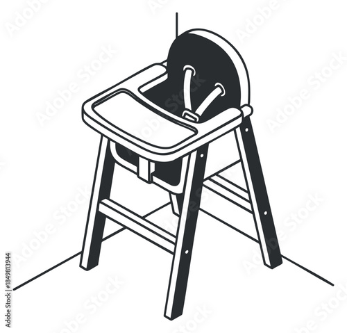 A highchair for babies in a minimalist black and white outline vector style, perfect for childcare and parenting designs