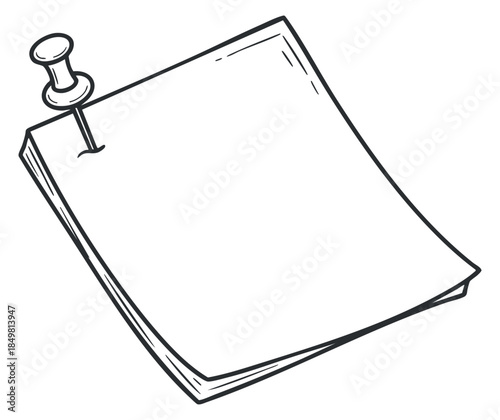 A blank sheet of paper with a push pin in a hand-drawn outline style, ideal for note-taking and stationery designs