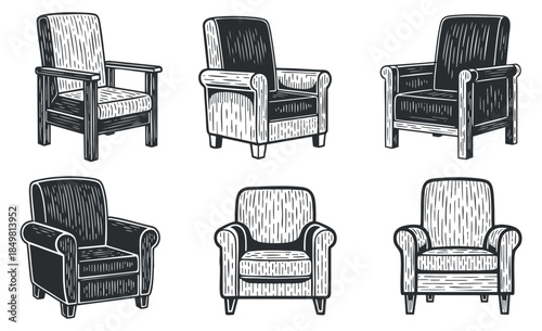 A collection of six stylish armchairs in black and white outline vector style, ideal for interior design projects