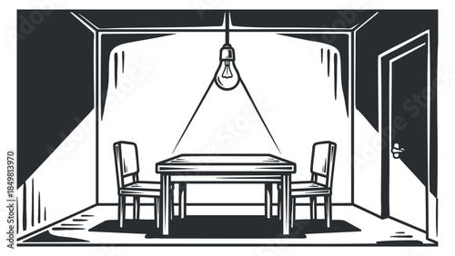 A minimalist sketch of a cozy dining room featuring a table and chairs under a hanging light, in black and white vector style, suitable for interior design projects