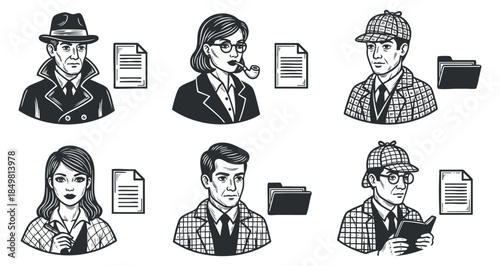 A collection of vintage detective characters including men and women in black and white vector style, perfect for mystery-themed projects
