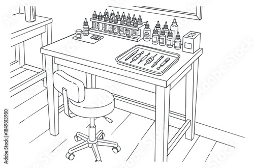 A detailed outline illustration of a tattoo artist's workspace featuring ink bottles and tools in minimalist vector style, ideal for creative projects and design inspiration