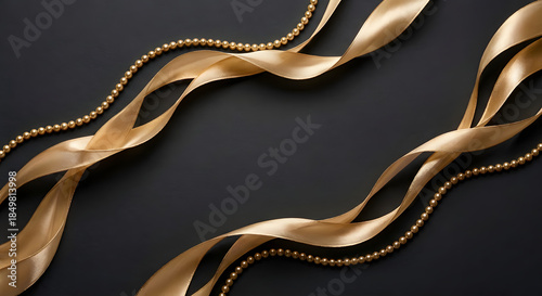 Elegant gold ribbon and pearl necklaces on dark background stylish accessories for festive occasions © Gambar