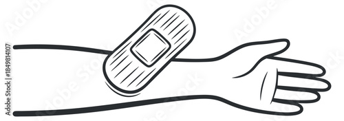 An outline illustration of an arm with a bandage on the skin in minimalist vector style, suitable for health and wellness projects