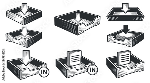 A set of icons representing file management actions including download, upload, and inbox in black and white vector style, ideal for office and productivity applications