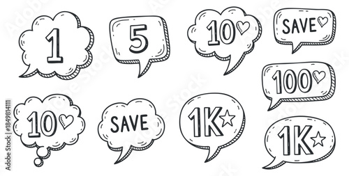 A set of hand-drawn speech bubbles with numbers and save icons in black and white outline vector style, ideal for marketing and promotional designs