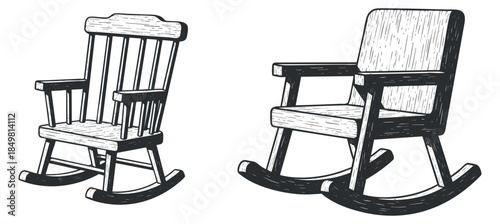 A set of rocking chairs in vintage hand-drawn black and white style, perfect for home decor and interior design projects