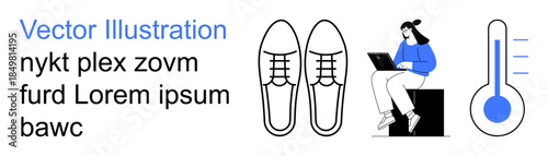 Lifestyle, office work, fashion, temperature, remote work, health awareness. A woman sits working on a laptop, shoes in a clean design and a thermometer showing varying levels. Lifestyle and office