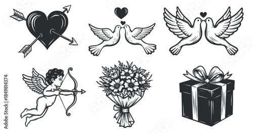 A collection of romantic icons featuring Cupid, hearts, doves, a bouquet, and a gift box in black and white outline vector style, perfect for Valentine's Day designs