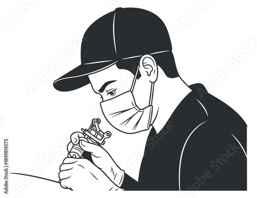 A tattoo artist applying ink to skin in a black and white minimalist vector style, suitable for tattoo studio branding and creative projects