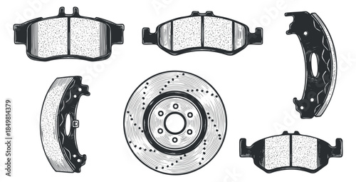 A set of brake pads and rotors in detailed black and white vector style, ideal for automotive repair and engineering projects