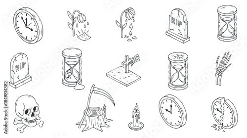 A collection of spooky icons featuring clocks, skulls, tombstones, and hourglasses in black and white outline vector style, suitable for Halloween themes and design.