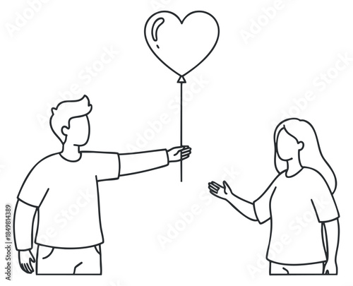 A couple exchanging a heart-shaped balloon with a question mark in minimalist lineart vector style, ideal for relationship-themed designs