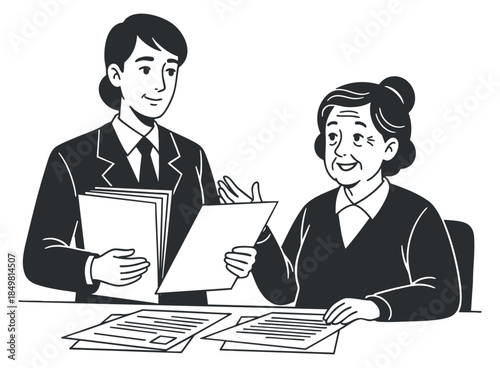 A businessman presenting documents to an elderly woman in a black and white vector illustration, ideal for business consultations and professional discussions
