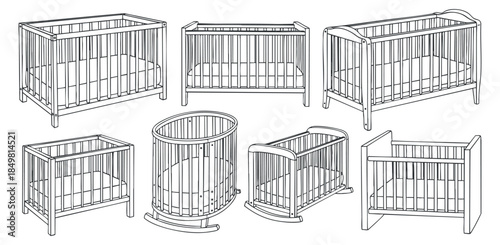 A set of various cribs and baby beds in outline minimalist vector style, suitable for nursery design and child care projects
