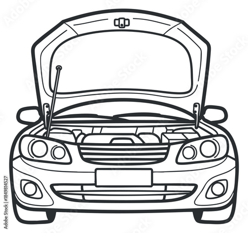 A front view illustration of a car with its hood open in black and white outline style, ideal for automotive service designs