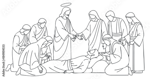 An outline illustration of Jesus performing a healing miracle surrounded by followers in minimalist vector style, suitable for religious and spiritual contexts