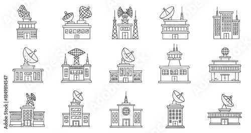 A collection of satellite and communication tower icons in clean outline vector style, suitable for technology and media projects