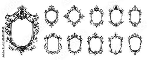 Collection of ten intricate black ornate frames in various shapes with vintage baroque details, ideal for elegant or decorative projects.
