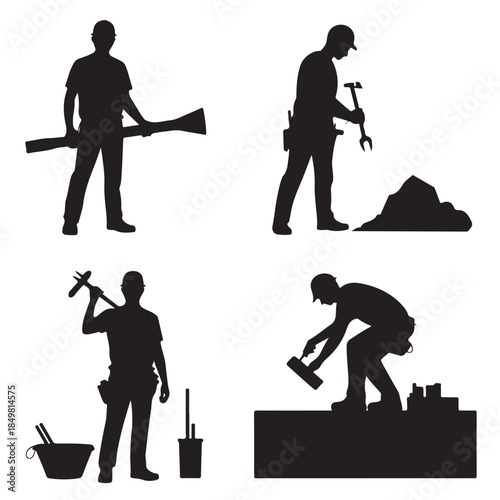 Worker Silhouettes with Shovel Hammer and Tools