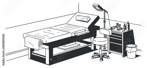 A medical examination bed with a lamp and equipment in minimalist outline vector style, suitable for healthcare design.