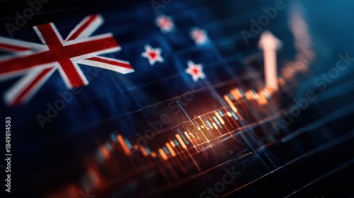 New Zealand and Australia flags appear with rising financial chart in trading activity during recent market hours