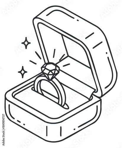 An outline illustration of an open jewelry box with a sparkling diamond ring inside, in minimalist vector style, perfect for wedding and engagement themes