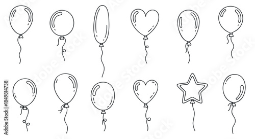A collection of various balloon designs in black outline vector style, suitable for party invitations and event decorations