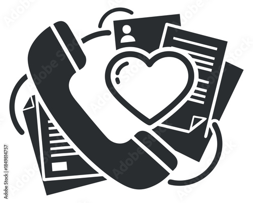 A telephone receiver surrounded by documents and a heart symbol in black and white vector style, ideal for customer support and communication themes