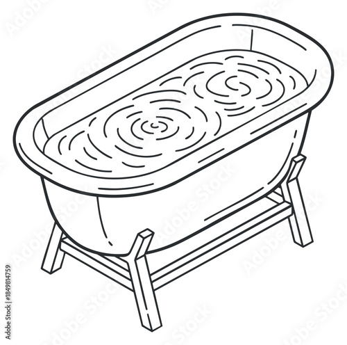 A minimalist outline illustration of a vintage bathtub filled with water ripples in vector style, ideal for home decor projects