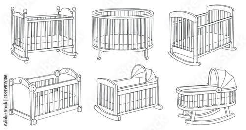 A collection of six different styles of baby cribs in outline vector style, ideal for nursery design and baby furniture branding