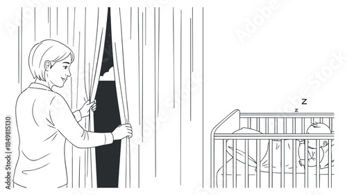 A mother gently opening curtains in a nursery with a sleeping baby in a crib in minimalist black and white vector style, perfect for parenting and childcare themes