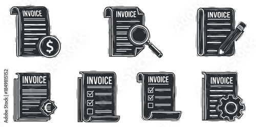 A collection of invoice icons featuring dollar and euro symbols, checklists, and magnifying glass in black and white vector style, ideal for financial documents and business applications