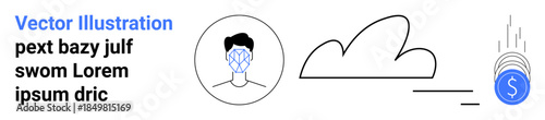 Identity verification, cloud computing, fintech, data security, biometrics, online transactions. Line art showing a face scan, cloud and digital currency icon. Identity verification and cloud
