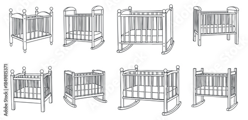 A collection of various baby cribs in outline vector style, ideal for nursery design and baby product branding