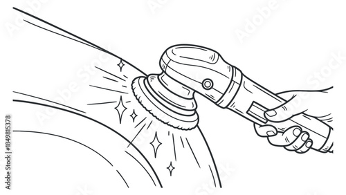 An illustration of a hand using a car polishing tool on a vehicle surface in clean outline vector style, ideal for automotive repair and detailing services