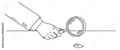 A hand holding a magnifying glass over a dollar bill in a minimalist outline vector style, suitable for business and finance illustrations