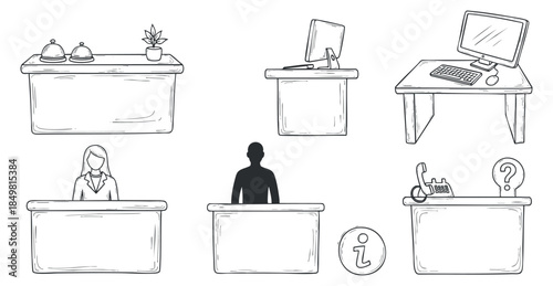A collection of reception desk illustrations featuring staff, computers, information symbols in minimalist black and white vector style, ideal for office and hospitality environments