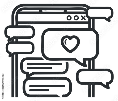A smartphone displaying chat messages and a heart emoticon in modern outline vector style, perfect for digital communication concepts