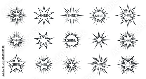 A collection of shine burst icons with the word 'SHINE' in black and white minimalist vector style, perfect for graphic design projects and branding