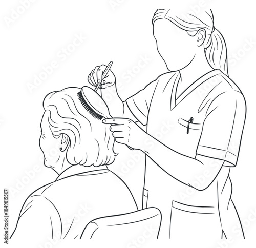 A caregiver gently combing the hair of an elderly woman in a clean line art vector style, ideal for health and wellness themes
