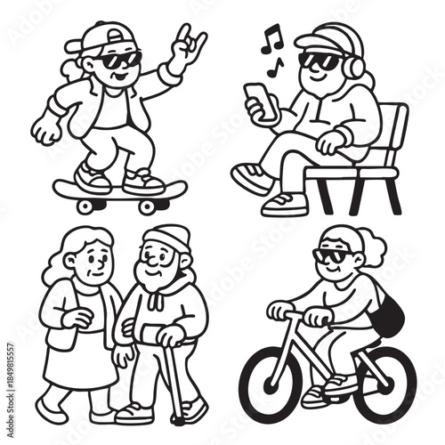 Isolated separated layered lineart outline of elderly people enjoying active lifestyle with