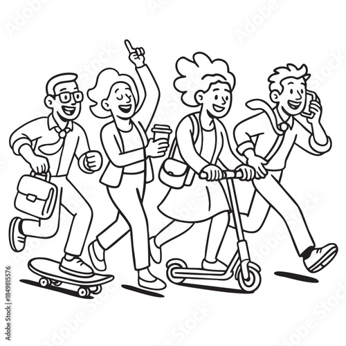 Isolated separated layered lineart outline of happy business people commuting with scooter