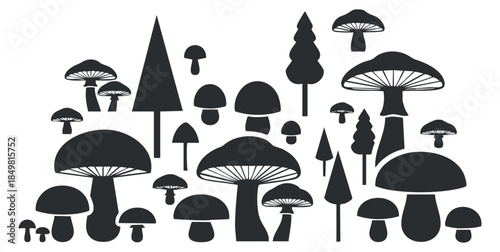 A collection of various mushrooms and trees in black silhouette vector style, suitable for nature-themed designs and illustrations