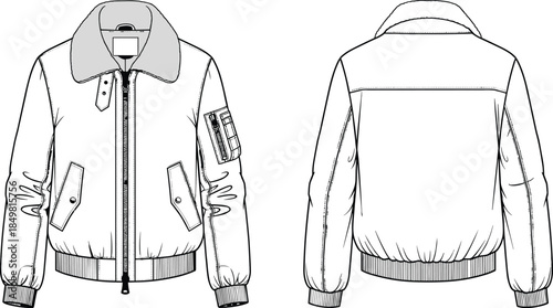 Men aviator bomber jacket front and back technical fashion flat sketch, casual outerwear garment CAD drawing vector illustration